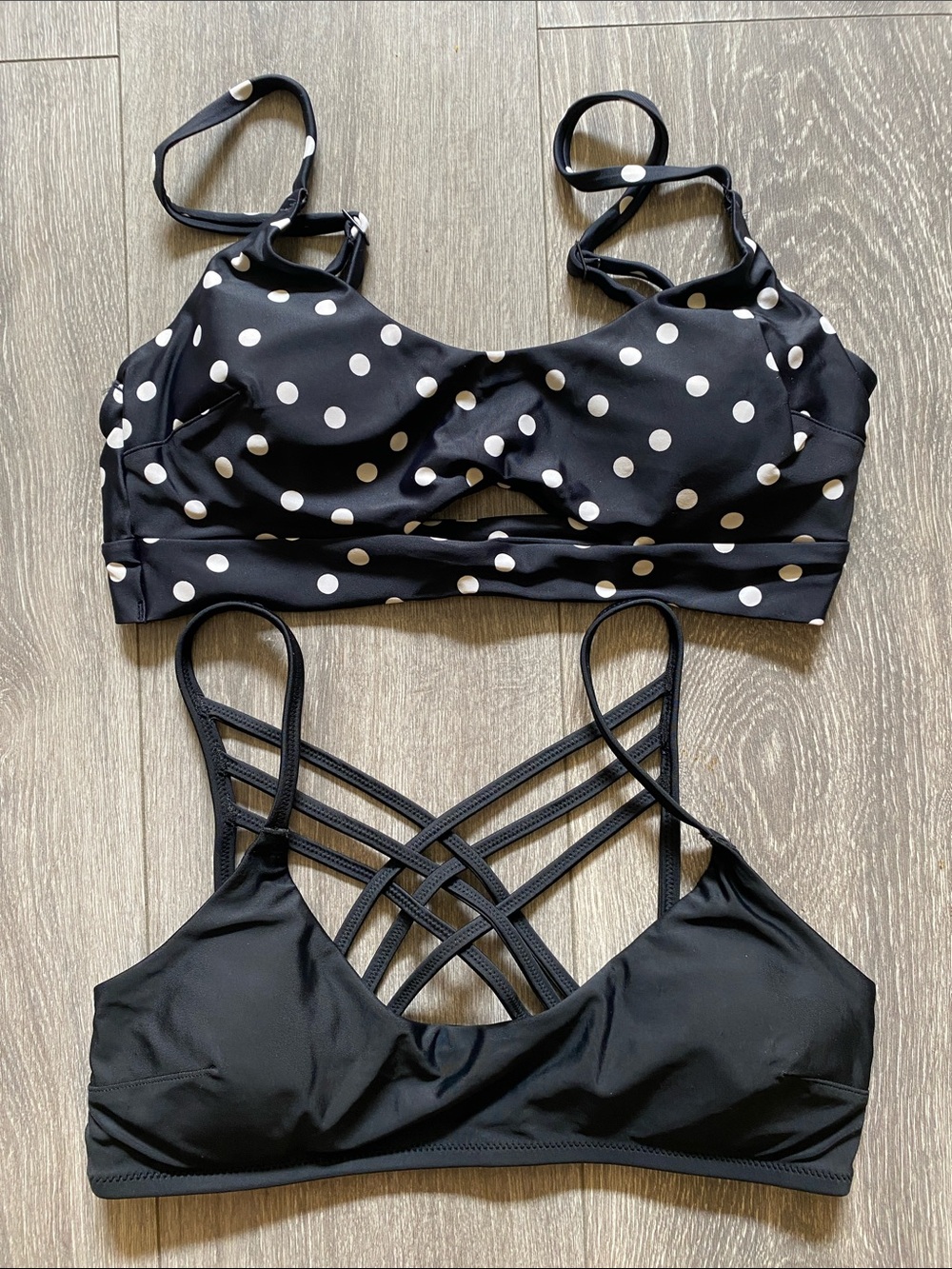 Black Polka Dot and Solid Black Swim Bralette Duo Medium. B1